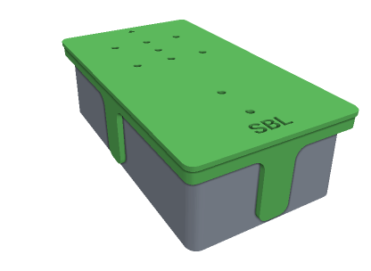 A 3D printed drill jig sitting over a pedal enclosure.