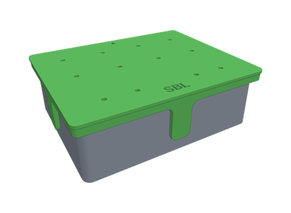 A 3D printed drill jig sitting over a pedal enclosure.
