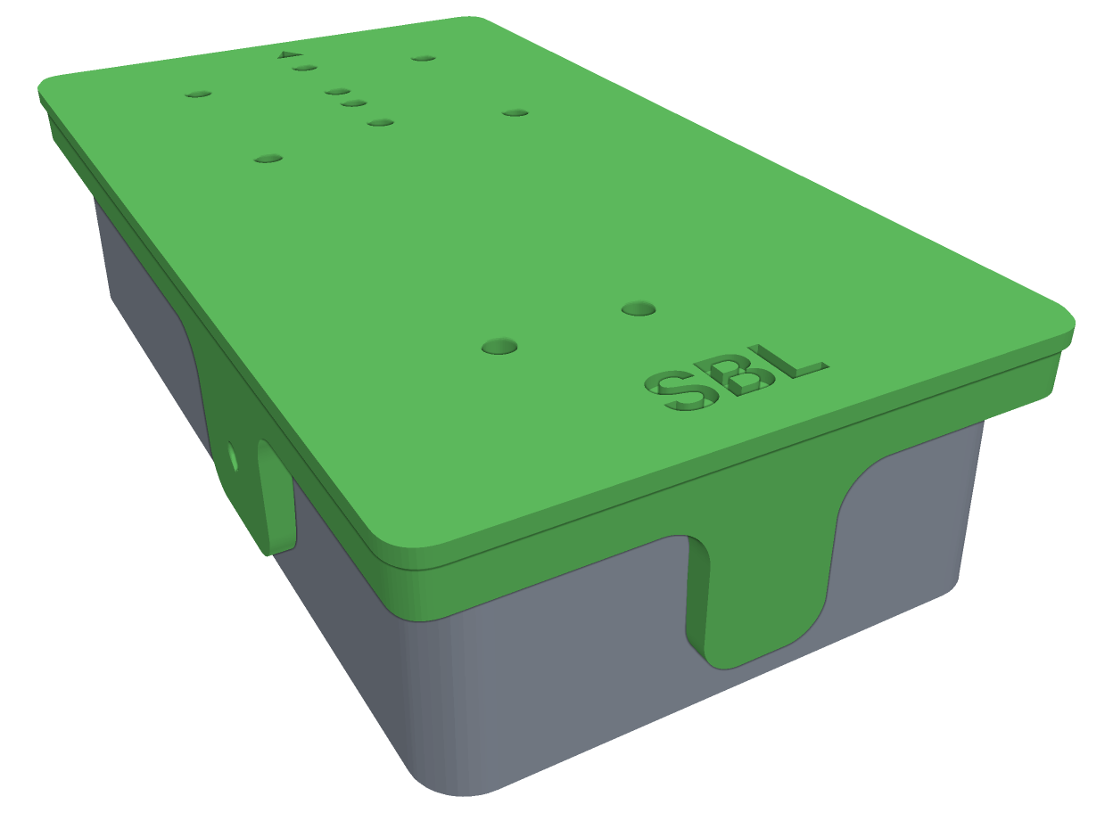 A 3D printed drill jig sitting over a 1590B pedal enclosure, with a hole over every drilling position on the top face and walls wrapping onto the sides.