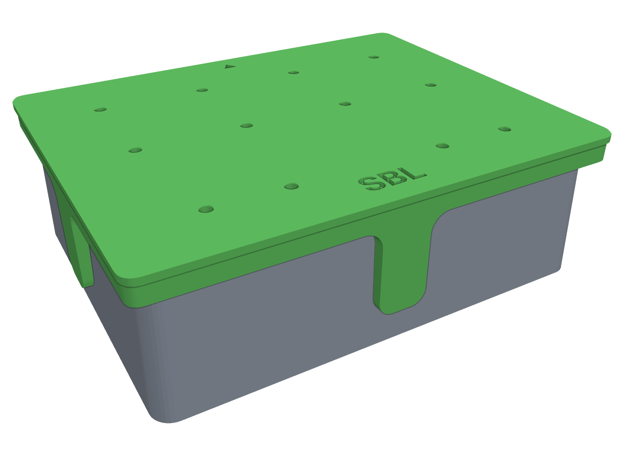 A 3D printed drill jig clamped onto a pedal enclosure, with punch holes over every hole position on its top face and a wall that wraps onto the side.