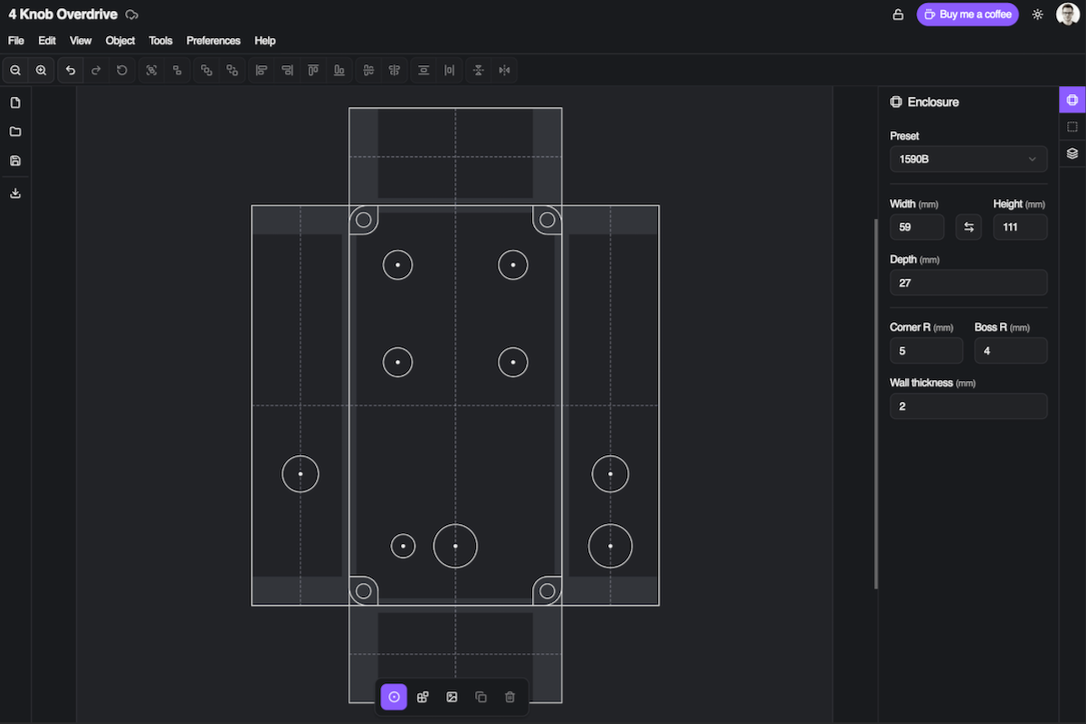 The Stompbox Layout canvas editor showing an enclosure with holes placed, measurement lines, and the properties panel